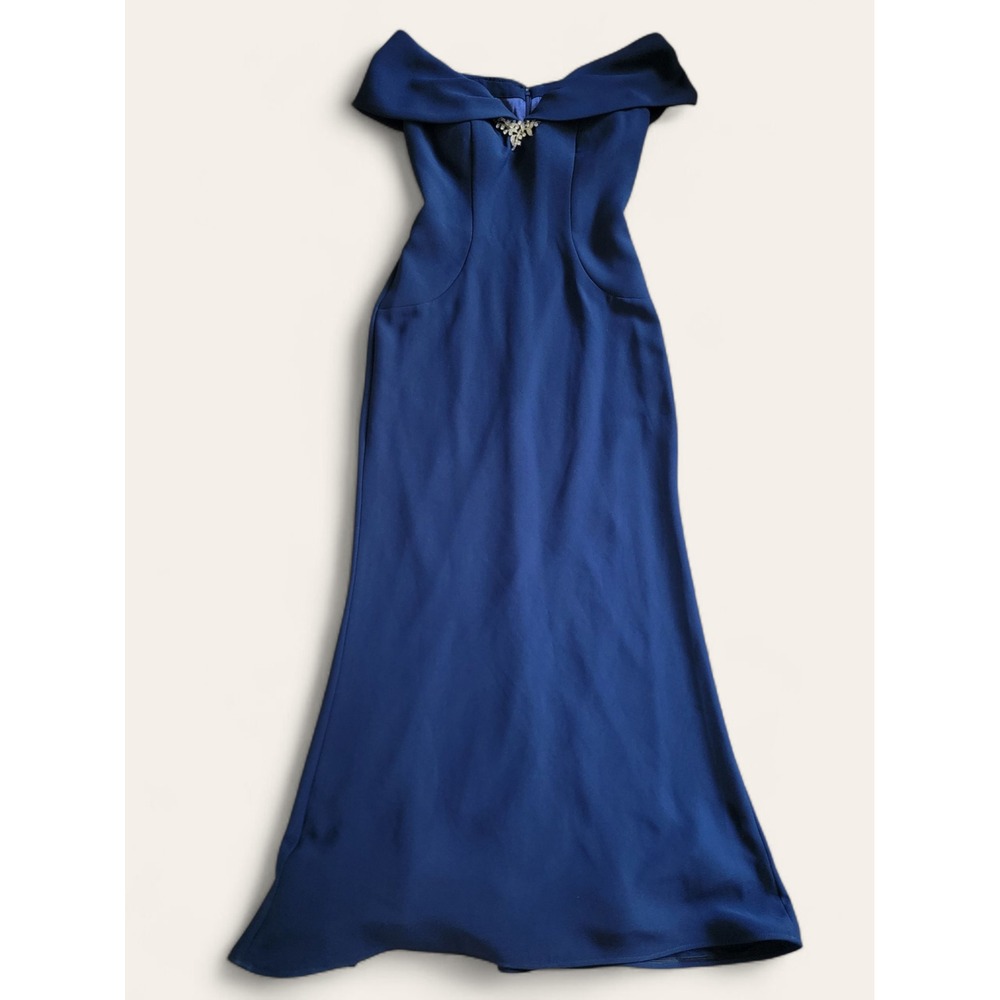 Montage Mon Cheri Blue Off Shoulder Formal Evening Gown Dress Rhinestone Size 10